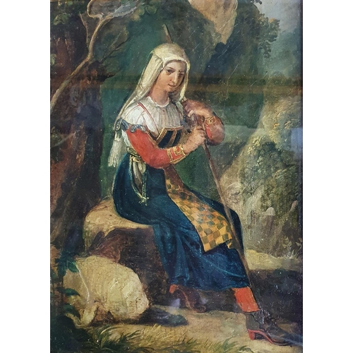 247 - Unsigned 19thC Italian school oil on wood panel depicting a peasant girl in tradition dress sat rest... 