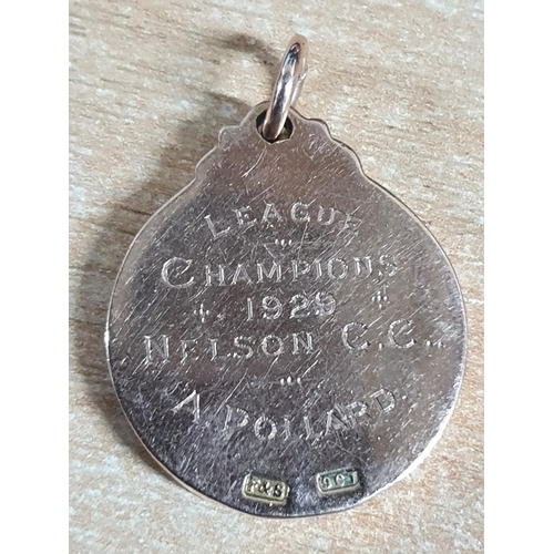 251 - RARE - Enameled 9ct yellow gold LANCASHIRE LEAGUE 1929 winners medal to A Pollard of Nelson Cricket ... 