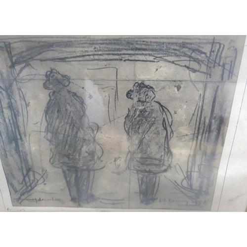 182 - L S Lowry, pencil drawing depicting the back of 2 men, bears signature and date 1953 and is in a thi... 