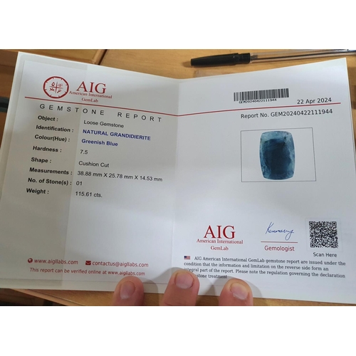 189 - Large, natural, untreated cushion cut greenish/blue GRANDIDIERITE, 115.61 cts with AIG certificate,
... 