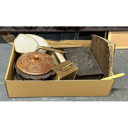 513 - Box containing metal box with clock and wooden box