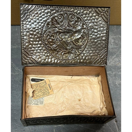 513 - Box containing metal box with clock and wooden box