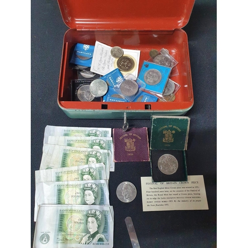 514 - Metal cash tin with key containing mainly British commemorative coins including a £5 example, 2 boxe... 