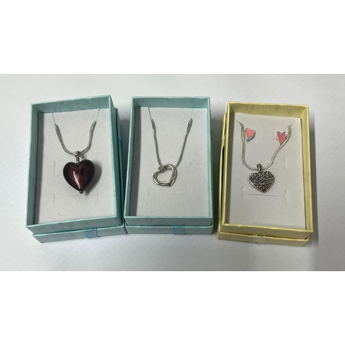 26 - 925 silver heart necklace and pink heart earrings along with silver maroon glass heart pendant and s... 