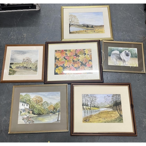 104 - Six Doreen Hanson watercolours landscape scenes and one dog portrait, all nicely framed (6)