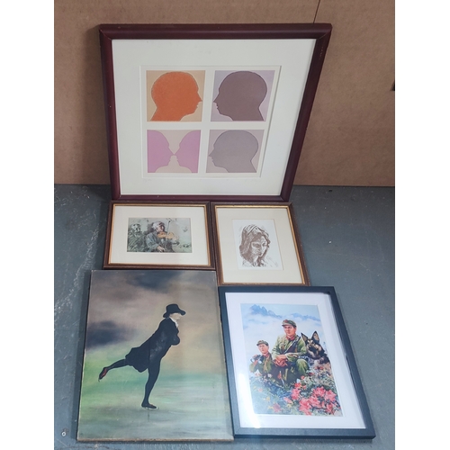 110 - Selection of five various paintings and prints, includes an oil on board of a figure (Qty)