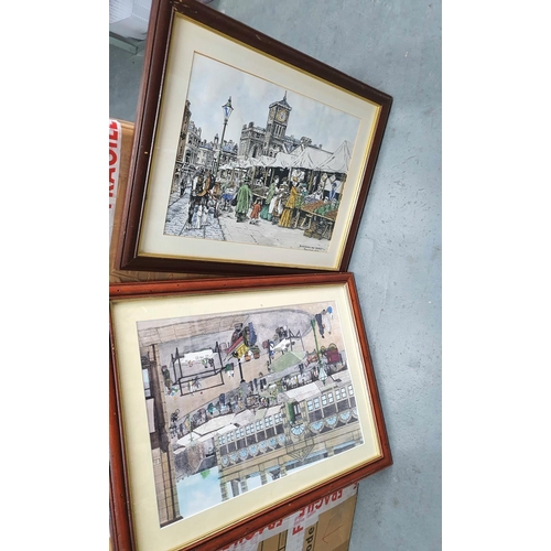 112 - Two landscape pastels together with 2 townscape pictures and 2 Russell Flint prints, all framed (6)