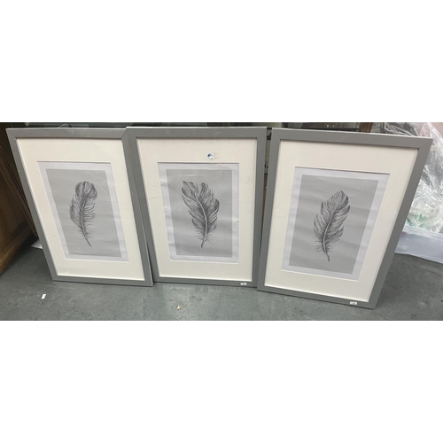 214 - Thimble stands with large qty of thimbles along with framed feather prints