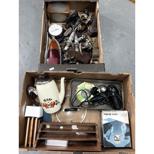 218 - 2 boxes misc items including metalware such as taps and door handles, letter rack etc (Qty)