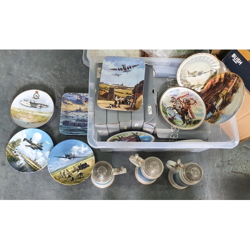 351 - Box containing a collection of limited edition collectors plates and 3 steins, mainly RAF WWII relat... 