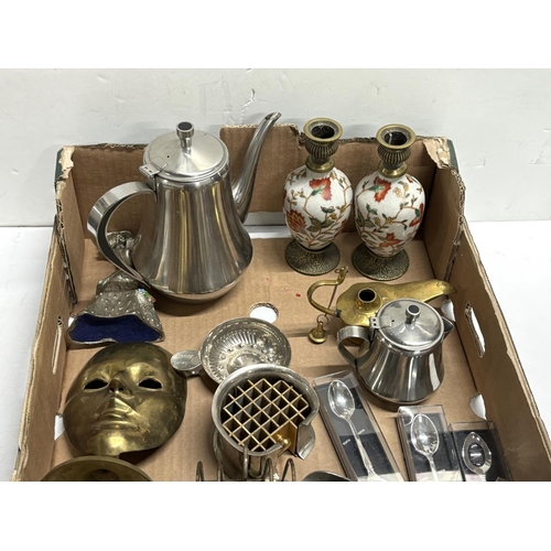 382 - Box of metalware and brass including Mask and Brass and ceramic lamps