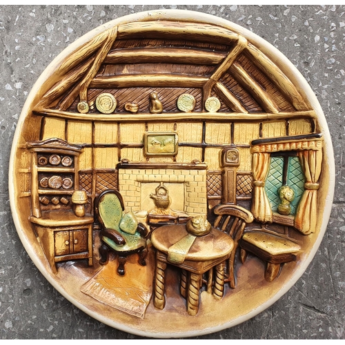 388 - Large circular early/mid 20thC hanging wall plaque depicting a cottage interior, unmarked but probab... 