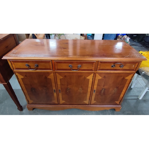 443 - A mid-century buffet together with a similar sideboard together with a short-legged bureau with drop... 