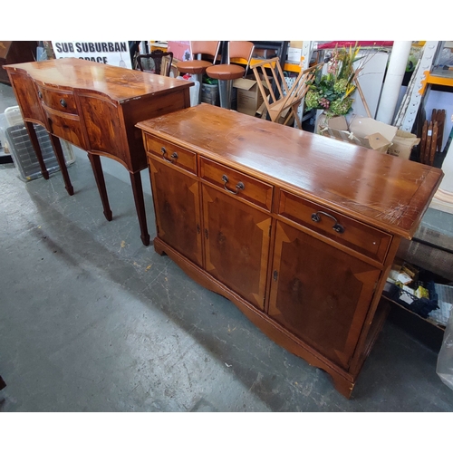 443 - A mid-century buffet together with a similar sideboard together with a short-legged bureau with drop... 