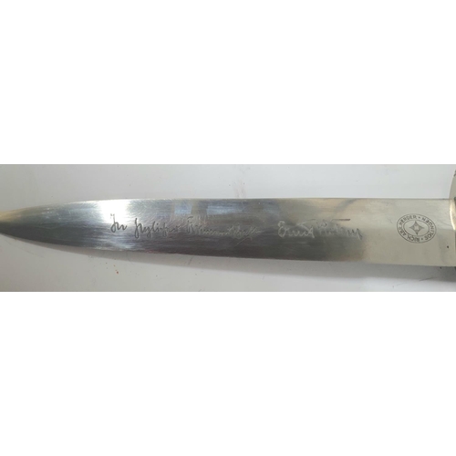 48 - German 1930s  SA dagger with Ernst Rohm acid etched signature and inscription with brown wooden grip... 