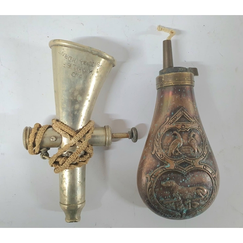 2 - Antique copper powder flask together with a metal Victorian military horn , Kohler & Son, 185 Piccad... 