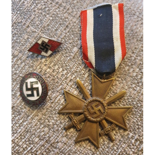 7 - German WWII Merit Cross 2nd Class with Swords medal together with 2 enamel Nazi party lapel badges (... 