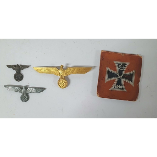 8 - Two German WWII spread Eagle cap badges together with a WW2 German Kriegsmarine gilt metal tunic che... 