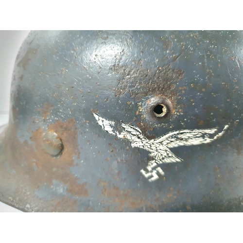 26 - Luftwaffe 1938 blue painted, double decal helmet complete with original 8 flap inner and original le... 