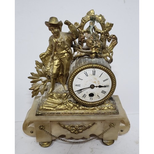 221 - Ornate French antique gilt metal and marble mantle clock A/F as well a wall hanging ceramic figure (... 