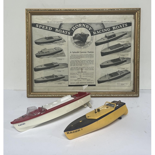 136 - Vintage Hornby Clockwork Speed Boats Racer I and Capri . To include framed advertising