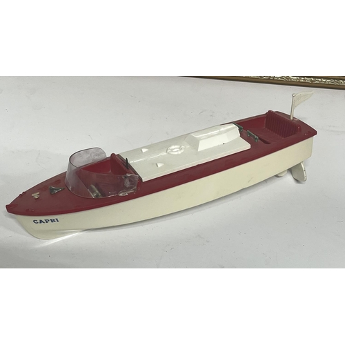 136 - Vintage Hornby Clockwork Speed Boats Racer I and Capri . To include framed advertising