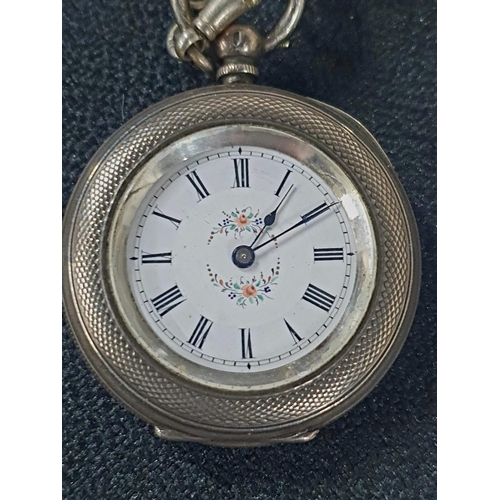 212 - Superb quality, ladies antique silver pocket watch with decorated enamel face, key, silver chain and... 