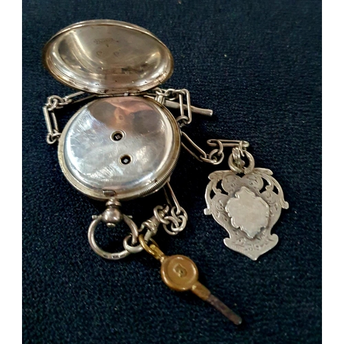 212 - Superb quality, ladies antique silver pocket watch with decorated enamel face, key, silver chain and... 