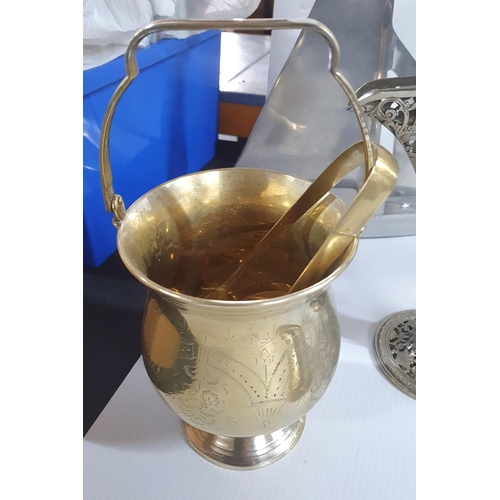 243 - Pair of aluminum boats, 2 filigree vases, Edwardian plated ice bucket with tongs and a plated candle... 