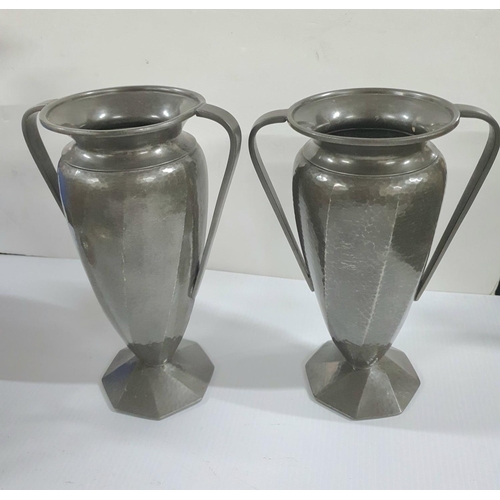 244 - Pair of James Dixon Cornish pewter Art Nouveau vases together with a Civic Pewter lidded preserve po... 