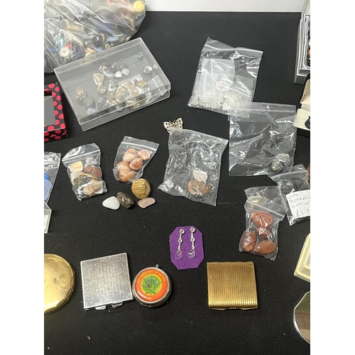 182 - Qty of  gems, costume jewellery, compacts and buttons etc