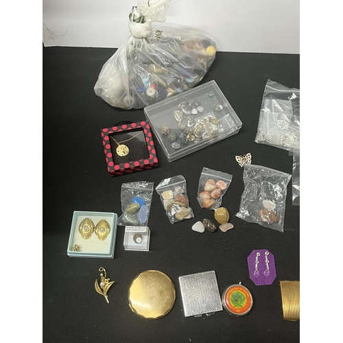 182 - Qty of  gems, costume jewellery, compacts and buttons etc