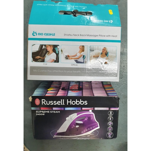 302 - Boxed Russell Hobbs iron together with a boxed Shiatsu neck back massager pillow with heat (2)