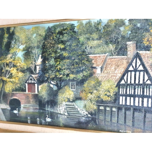 242 - Fine quality 20thC oil on board depicting an English village pond scene with Swans, signed Rushton, ... 