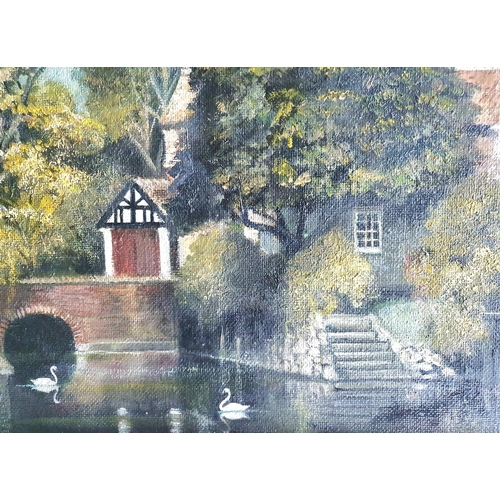 242 - Fine quality 20thC oil on board depicting an English village pond scene with Swans, signed Rushton, ... 