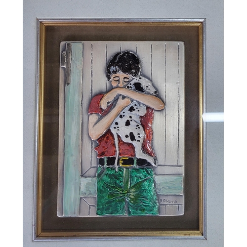 5 - Framed 925 coloured silver panel depicting a boy holding a dog titled 