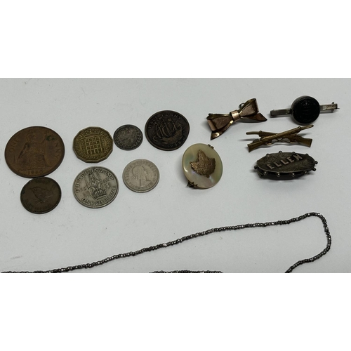 36 - coins and jewellery  including 1838 3 pence and Silver badges