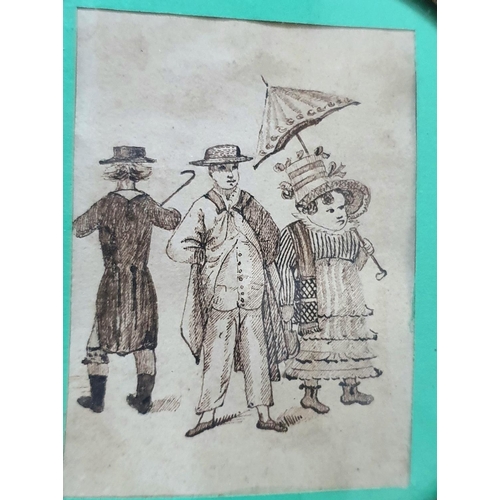 75 - Circular Georgian c1830s pen and ink miniature depicting 3 figures in their Sunday best in round woo... 