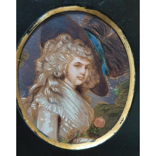 76 - Unsigned, Edwardian oil on plaster miniature portrait of an 19thC lady in black ebonised wood frame