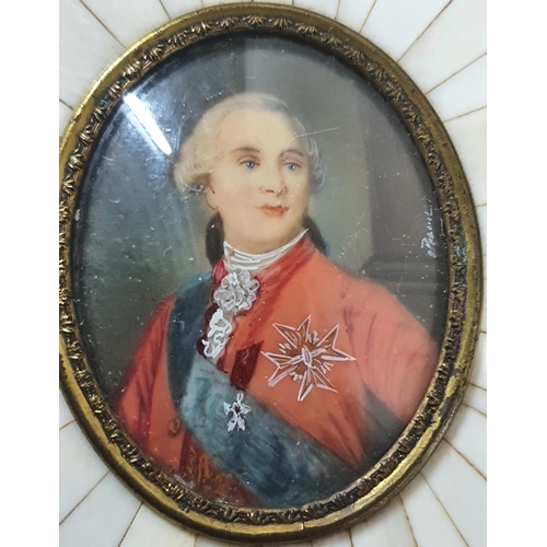 77 - Indistinctly signed oil over print base portrait of Louis 16th in fancy sunburst, Ivorine style fram... 