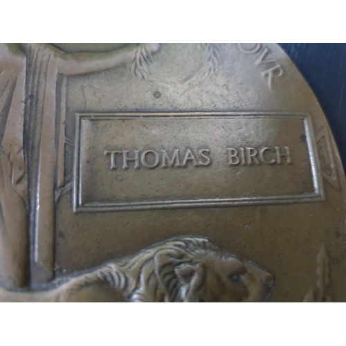 87 - WWI bronze death plaque for Thomas Birch on a wooden backing plinth