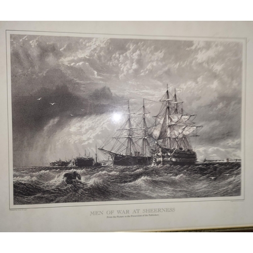 91 - 2 framed prints 'Men of War at Sheerness' along with 'The Attack of the Vanguard' (49 x 69cm)