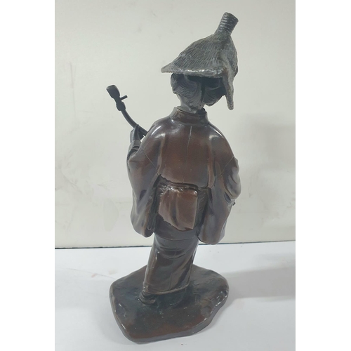 128 - Signed, good quality, antique Japanese bronze depicting a peasant lady playing a lute,

21cm tall   ... 