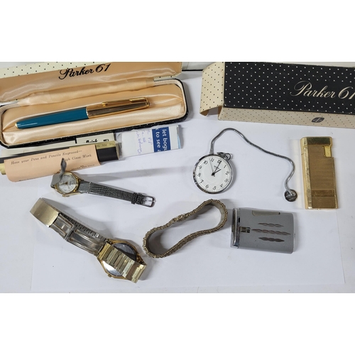 218 - Parker 61 cased pen as well as some watches and two lighters (Qty)