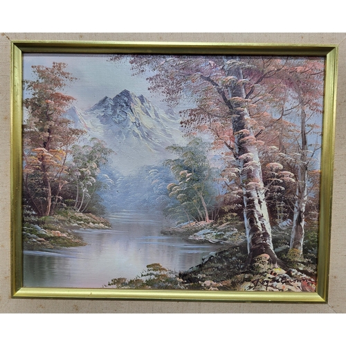 219 - Pair of framed oil paintings depicting a mountain scene, one is autumn themed and the other is sprin... 