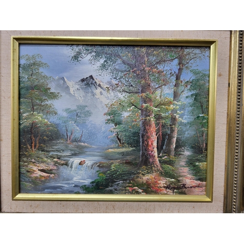 219 - Pair of framed oil paintings depicting a mountain scene, one is autumn themed and the other is sprin... 