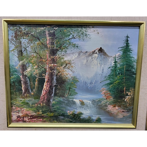 220 - Pair of framed oil paintings signed Roger Brown depicting a mountain scene as well as a river scene