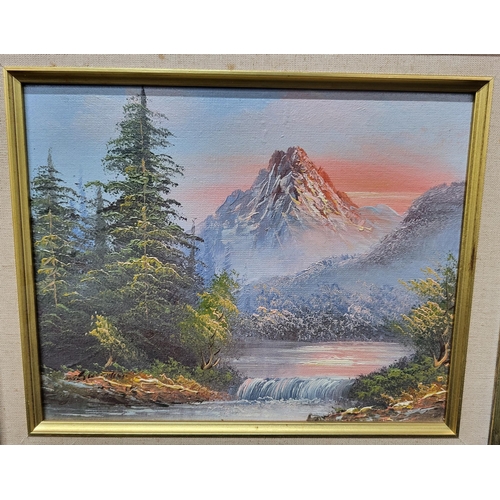 220 - Pair of framed oil paintings signed Roger Brown depicting a mountain scene as well as a river scene