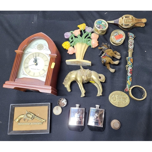 225 - Collection of various items including a mantle clock, a letter opener and a brass horse