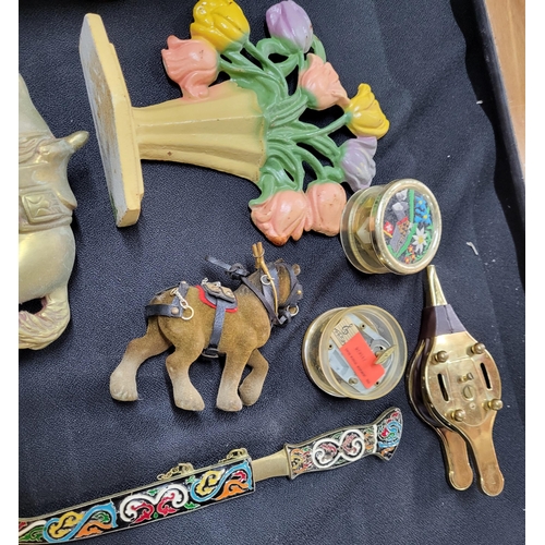 225 - Collection of various items including a mantle clock, a letter opener and a brass horse